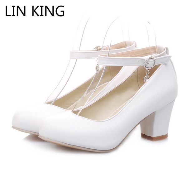 

lin king women pumps round toe solid thick square medium heel buckle lolita shoes ankle strap party platform shoes big size 43, Black