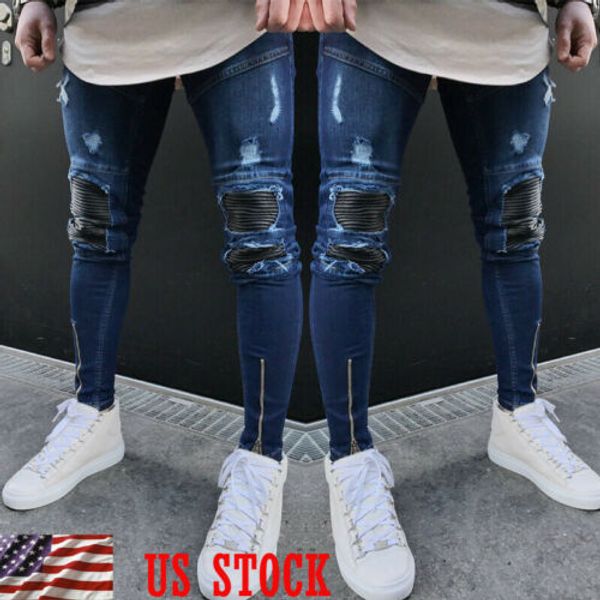 

men stylish ripped jeans pants biker skinny slim straight denim trousers zipper, Blue