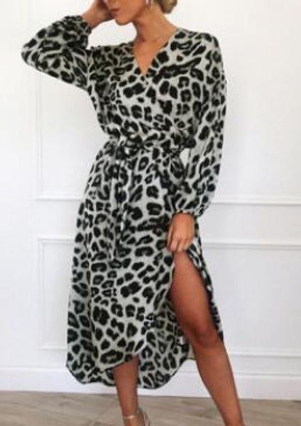 

весна новый leopard дизайнер платья женщин одежда глубокий v-образный вырез дробить дизайн длинные платья пояса, Black;gray