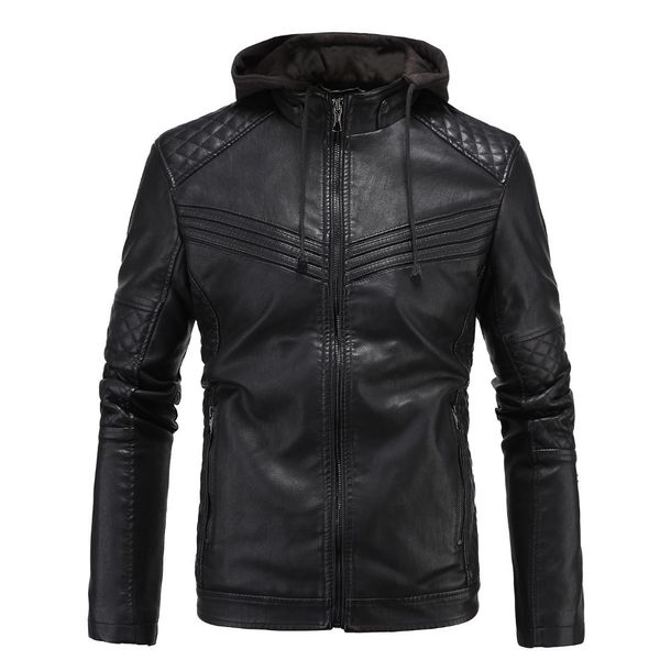 

aowofs winter new style england men locomotive leather coat plus velvet warm hooded leather jacket-style d034, Black