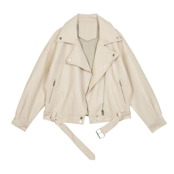 

women's leather & faux woman loose solid pu biker jacket spring autumn apricot short coat street fashion black female punk clothing 202