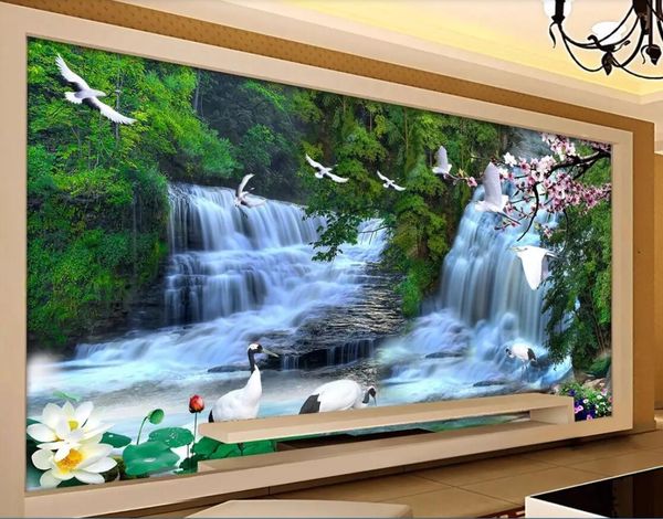 

3d wallpaper custom p murals background wall mountain stream, white crane waterfall, landscape tv home decor wall art pictures