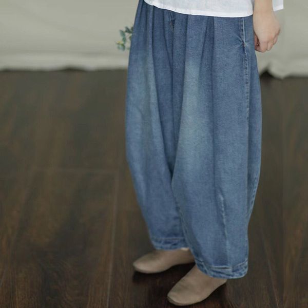 

autumn cotton washed distressed harem denim pants women loose oversize elastic high waist bloomers jeans female slouchy trousers, Blue
