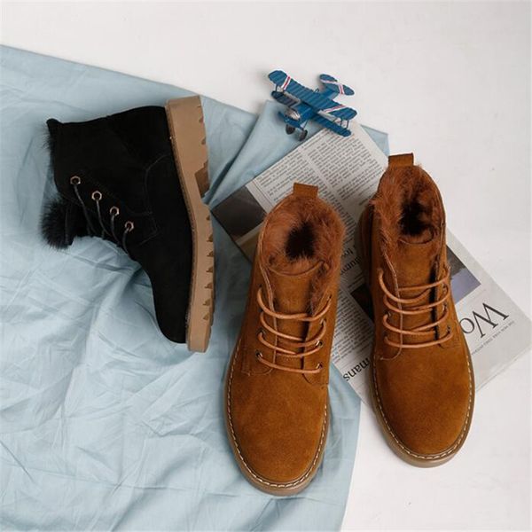 

2018 winter boots inside fur genuine leather boots fashion ankle casual flat shoes lace up women, Black