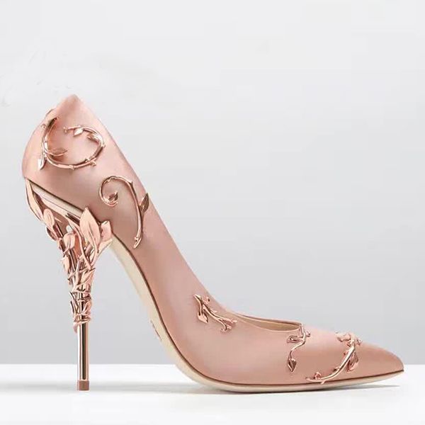 

luxury studding metal decoration silk shoes stiletto heel bridal wedding shoes pointed toe ladies pumps filigree leaves eden high heels, Black
