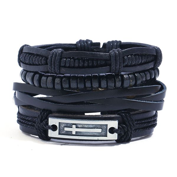 

4pcs/set hippie punk all black leather band cross tag charm wood beads cord knots wrap wide stackable bracelets bangles for man, Golden;silver