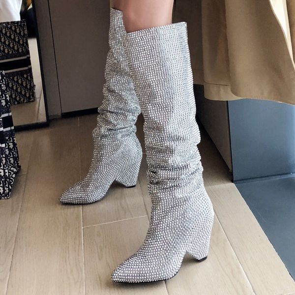 

prova perfetto star style popular shining women boots with stretch fabric rhinestone knee-high boots high heels women, Black