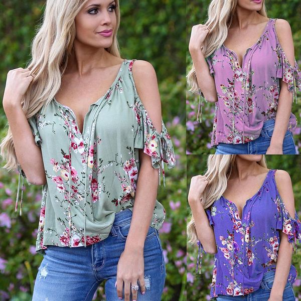 

2019 korean clothes sexyÂ women casual strapless off shoulder v-neck printed ruffled bandage tee shirt femme modisÂ 7, White