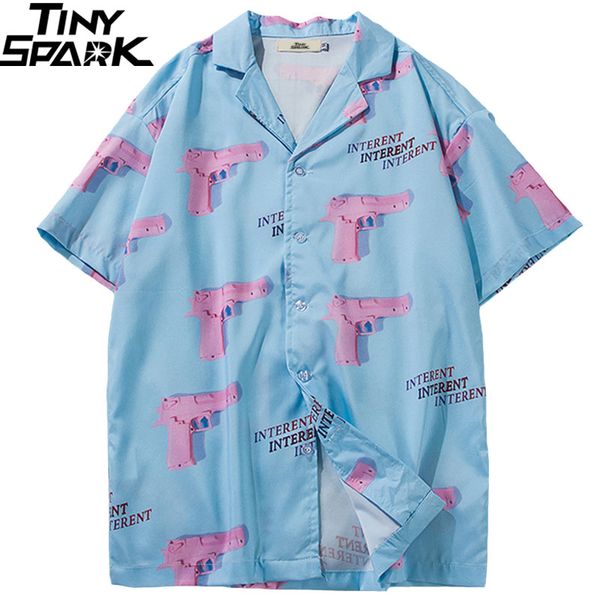 

hawaiian shirt mens 2019 hip hop shirt streetwear pistol gun harajuku beach thin summer hawaii shirts short sleeve, White;black