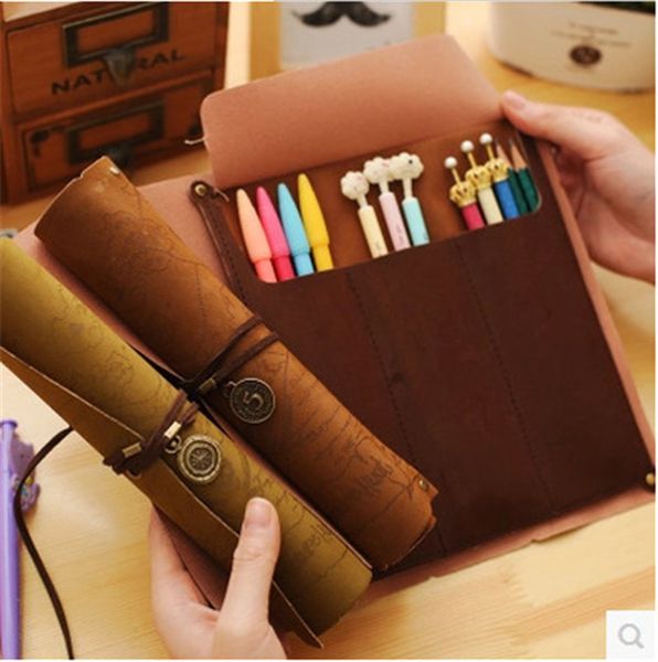 

antique nautical treasure map stationery wholesale gift fashion roll pencil case big capacity pencil bag soft leather pen boxes