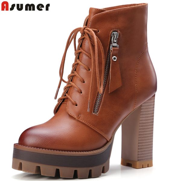 

asumer new fashion women boots lace up platform winter boots soft pu leather thick high heels ankle female shoes, Black