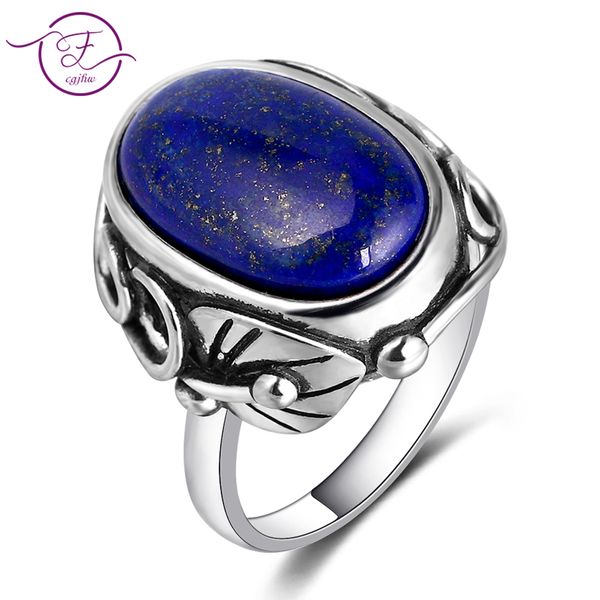 

natural lapis lazuli and white chalcedonyring men's and women's 925 sterling silver jewelry ring large stone 11x17mm oval gem, Golden;silver