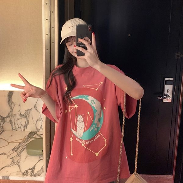 

white t-shirt t-shirt women's short sleeve ins western style 2020 hipster loose medium and long style with bean paste powder