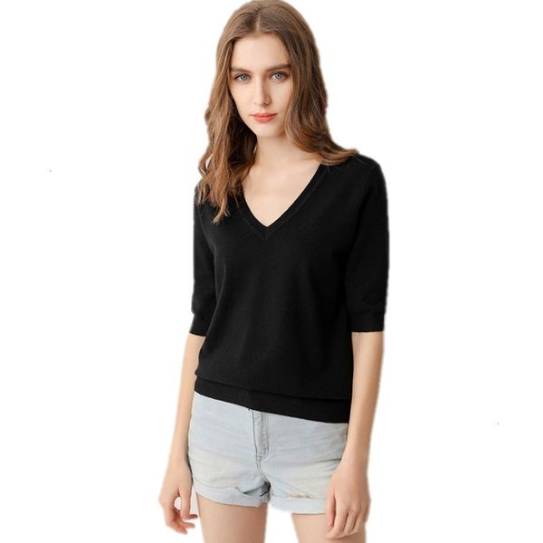

spring sweater knitted sweater women's wool thin neck women's short sleeve, Black