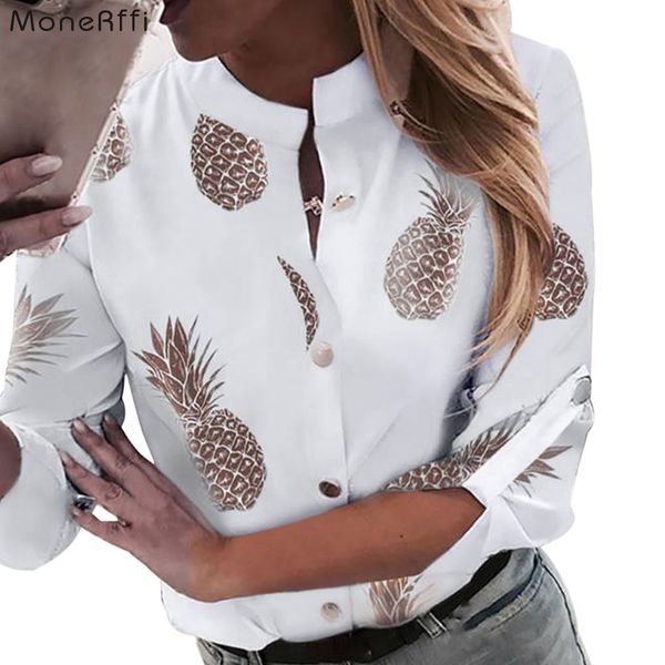 

moneriff women and blouse 2019 autumn new long sleeve v neck pineapple print blouses female casual loose shirts blusa, White