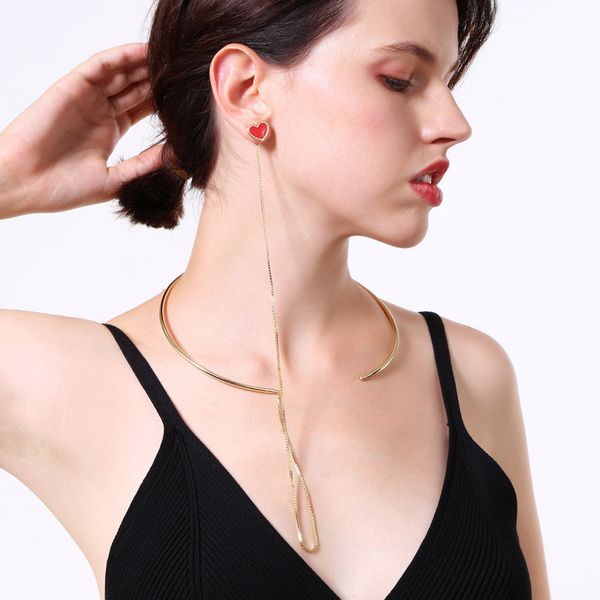 

bob igiulai creative 2 in 1 torques women red heart ear chain chokers necklaces opening torques fashion statement necklace, Silver