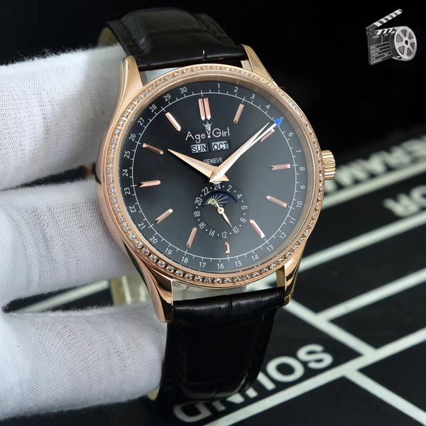 

new men automatic mechanical daydate diamond bezel moonphase sapphire silver rose gold black brown leather watches, Slivery;brown