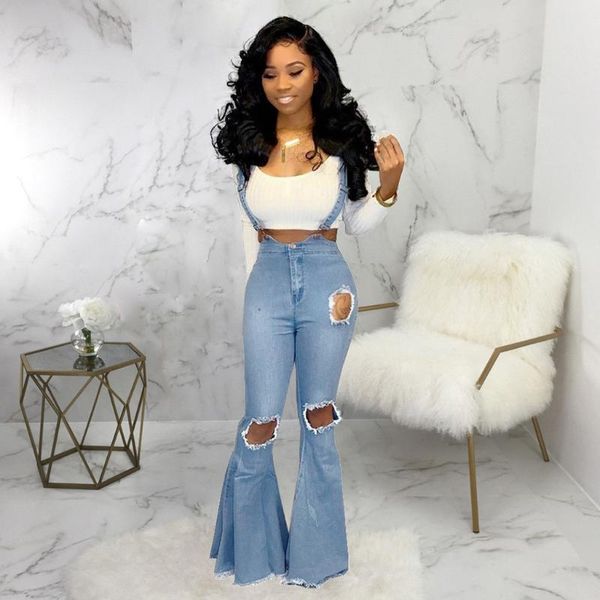 

fashion denim flare pants women retro ripped jeans wide leg trousers lady casual bell-bottoms flare pant female #c, Blue