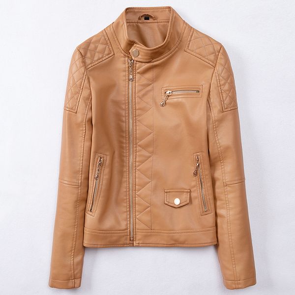 

2019 autumn women fashion faux leather jacket yellow color zipper slim stand collar pu leather coat motorcycle biker outerwear, Black