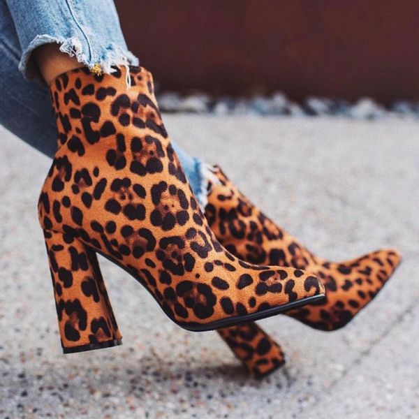 

liren 2019 spring/autumn fashion leopard women boots pointed wrapped toe square high heels mixed colors warm women shoes, Black