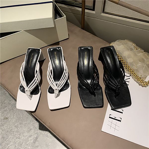 

fashion women slippers summer slides white/black clip toe square toe mid heels thick heeled slip on fashion party mules shoes