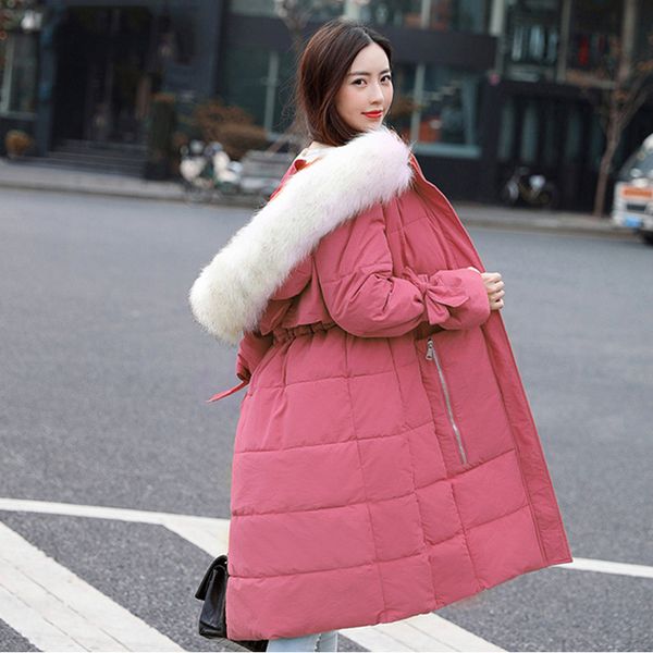 

winter large fur collar hooded long jacket overcoat women thick zipper cotton padded parka elegant sash tie up outwear, Black