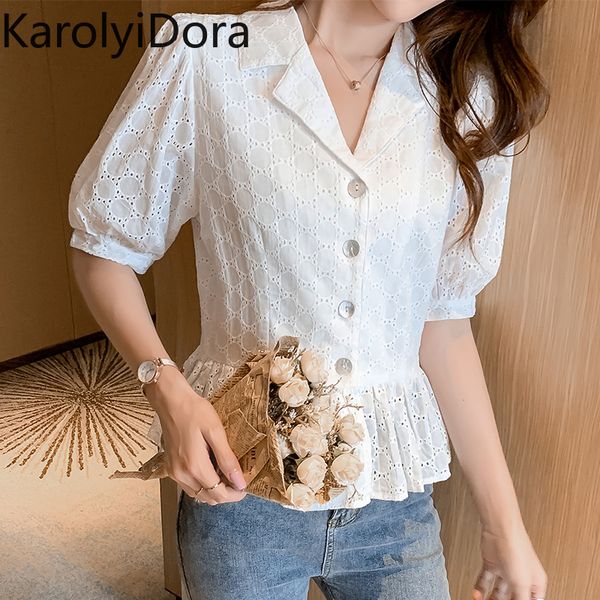 

women's 2020 summer new lace cutout shirt v-neck short-sleeved doll shirt ruffled top, White