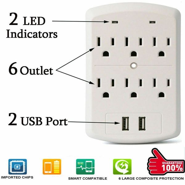 

Multi plug adapter 2u b port ac power urge protector ocket wall extender 15a