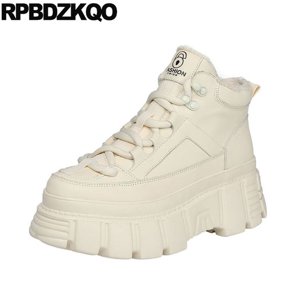 

platform brand women winter boots genuine leather flatform lace up ankle round toe black muffin real shoes beige