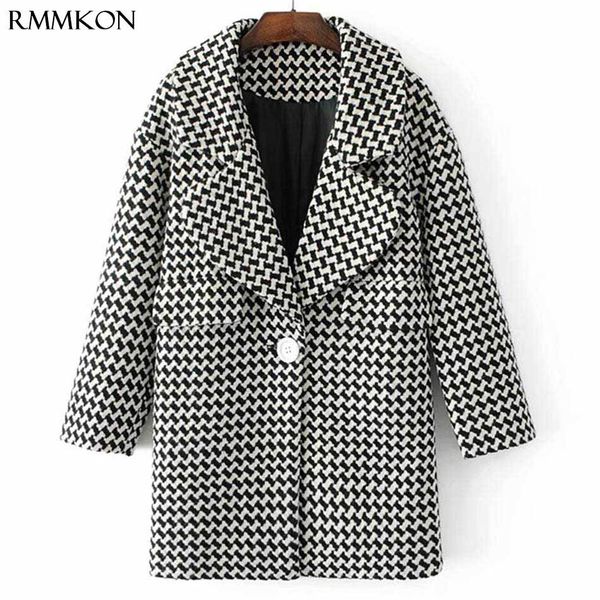 

winter coat women thick plaid long woolen coat houndstooth warm winter checkered long sleeve pockets trench outerwear, Black