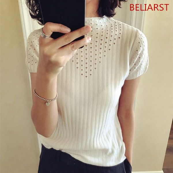 

beliarst 18 весной и летом новая полая женщина с короткими рукавами половина шею пуловер мода тонкий трикотажная рубашка, White;black