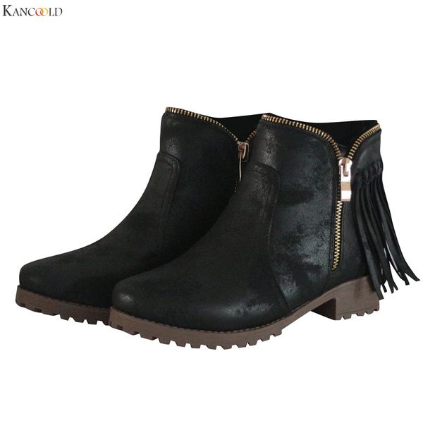 

kancoold fashion retro shoes womens heels tassel low-heele boots for women zipper non-slip roman shoes woman boots comfortable, Black