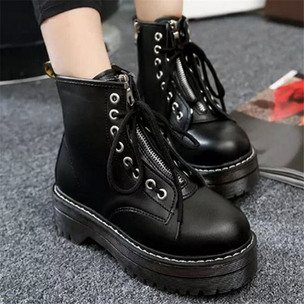 

fashion zipper flat shoes woman high heel platform pu leather boots lace up women shoes ankle boots girls 35-40, Black