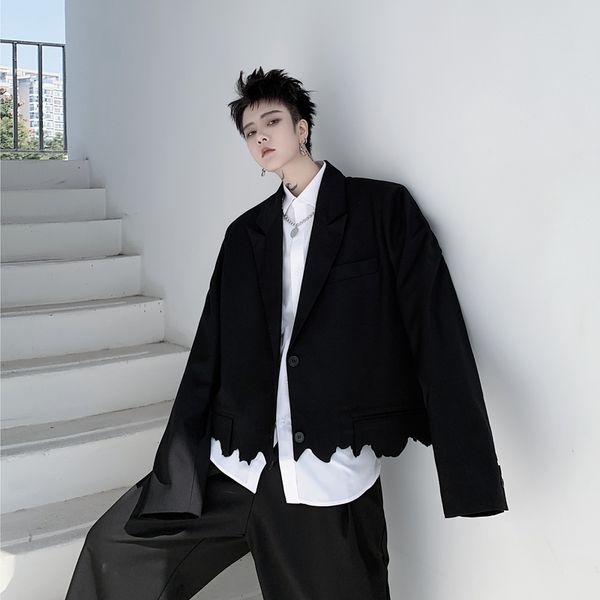 

2020 spring and autumn new cut irregular hem short section men's suit fashion casual solid color coat jacket black m-xl, White;black