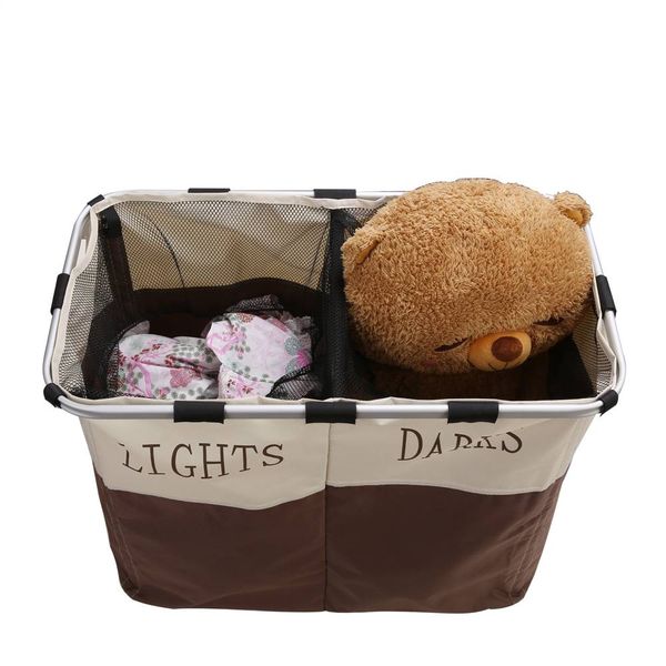 

portable foldable double lattice dirty clothes storage laundry basket white and brown