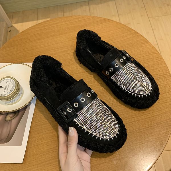 

korean shoes women all-match casual female sneakers women's moccasins round toe autumn loafers fur flats crystal 2019 new fall, Black