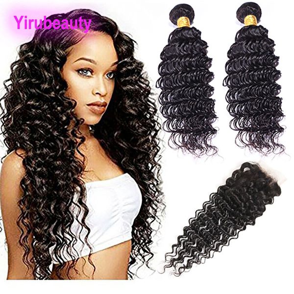 

indian deep wave 4x4 lace closure 3 pieces/lot 95-100g/piece bundles with 4x4 human hair, Black;brown