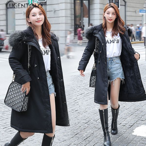 

lugentolo parker coat women's 2019 fashion big fur collar solid color plus velvet thicken plus long knee casual jacket, Black