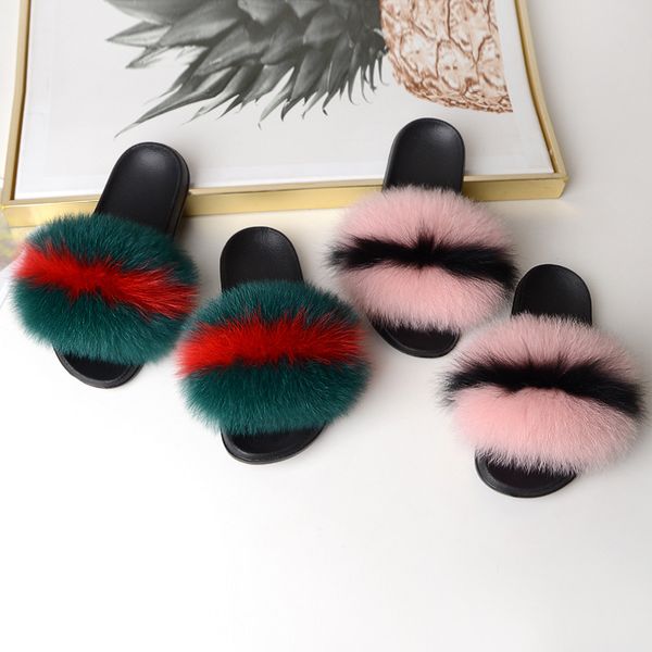 

colorful fur slippers women fur slides women flip flops indoor slippers summer fluffy raccoon big size 11 sandals, Black