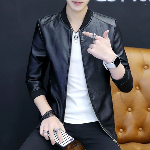 

2019 spring and autumn new leather jacket men's solid color casual leather jacket men's bomber slim clothing, Black;brown