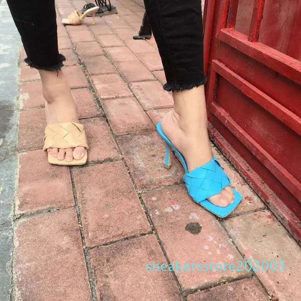 

new square toe diamond woven blue leather mules high heel shoes woman madame nude high heel slippers party women shoes s03, Black