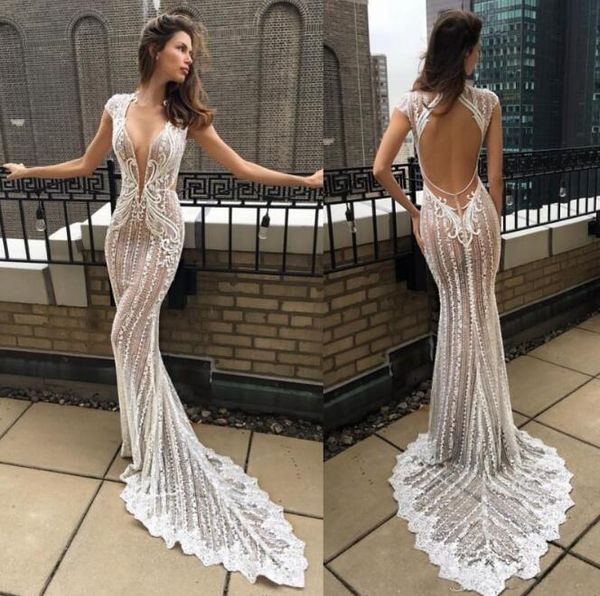 

berta 2020 illusion mermaid wedding dresses deep v neck lace appliqued bridal gowns vestido de novia cap sleeve beach wedding dress, White