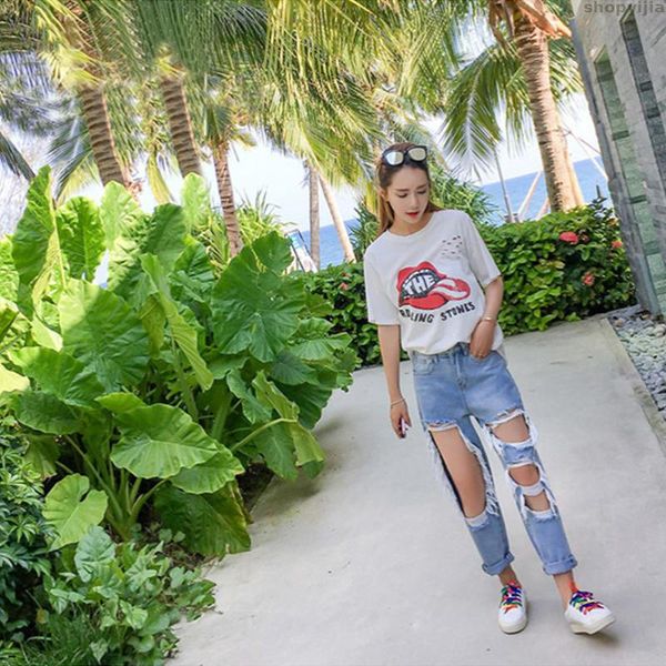 

boyfriend джинсы для женщин плюс размер street big hole разрушенного ripped высокой талии мешковатых джинсов для подростков девушки побитого, Blue