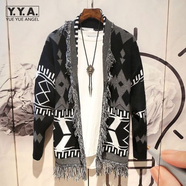 

new autumn mens sweater cardigan coat japanese fashion patchwork tassel lapel knitting retro loose jumpers casual outerwear, White;black