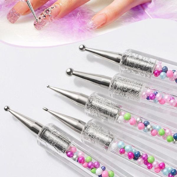 

5шт / комплект с двойной головкой наральниковыми pen dot картина точка карандаш для ногтей наборы wax стразы art pen инструменты акриловые р, Silver