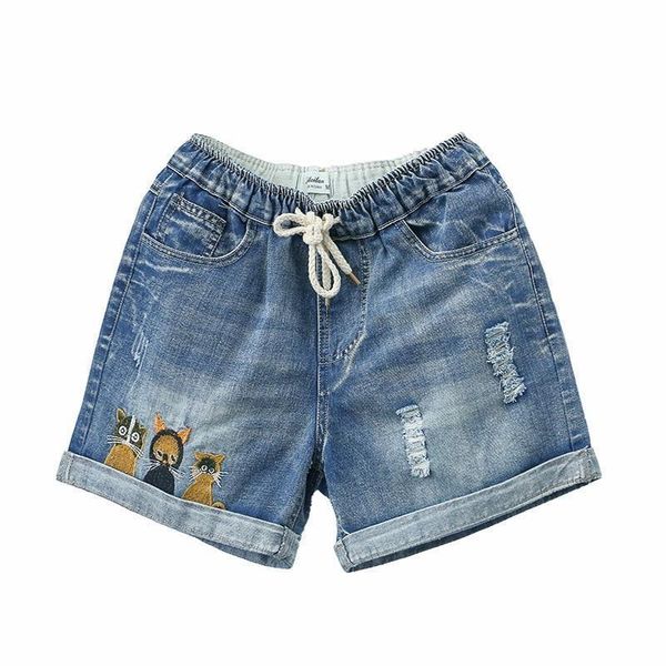 

embroidery cats cotton denim shorts women holes loose casual 2019 summer new arrival, Blue