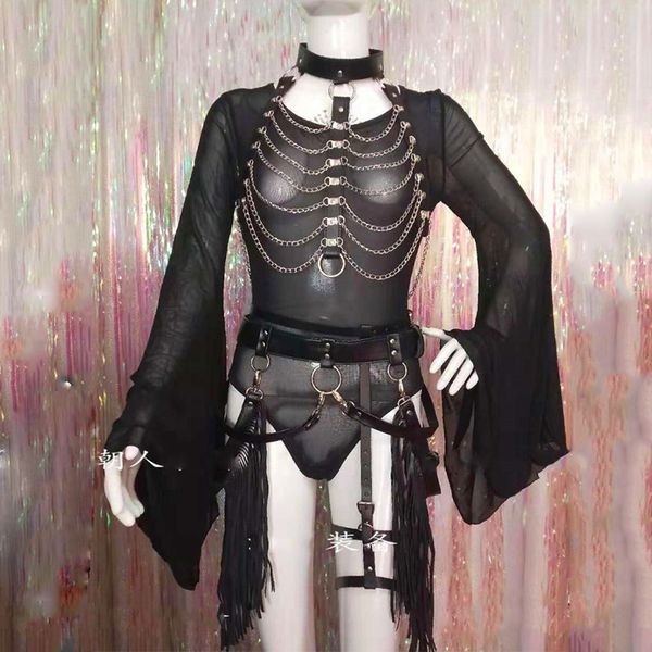 

stage wear fashion black tassel leather trumpet sleeve bodysuit nightclub bar jumpsuit female singer perspective clothes dwy3622, Black;red