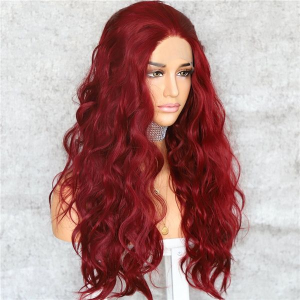 Fashion Burgundy Red Color Long Natural Curly Wave Heat Resistant Hair Synthetic Lace Front Wigs Women Makeup Wedding Party Gift Weave Hair Discount