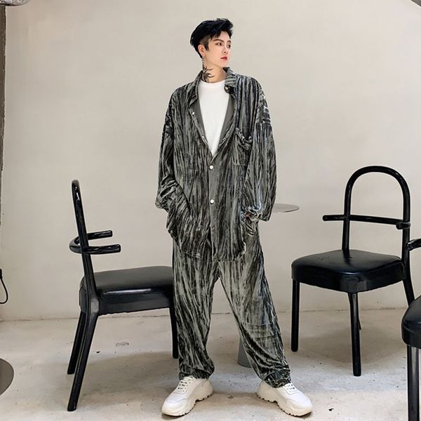 

men 2pcs sets (shirt+pant) vintage fashion velvet casual long sleeve shirt straight trouser male streetwear hip hop shirt, White;black