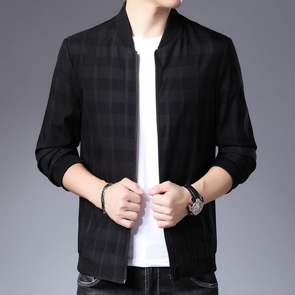 

uyuk2019 autumn and winter new casual fashion trend temperament quality solid color plaid round neck zipper men's jacket clothes, Black;brown
